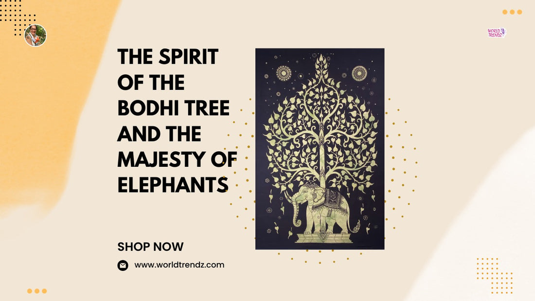 Green/Black Background Elephant Bodhi Tree Tapestry - Poster Size
