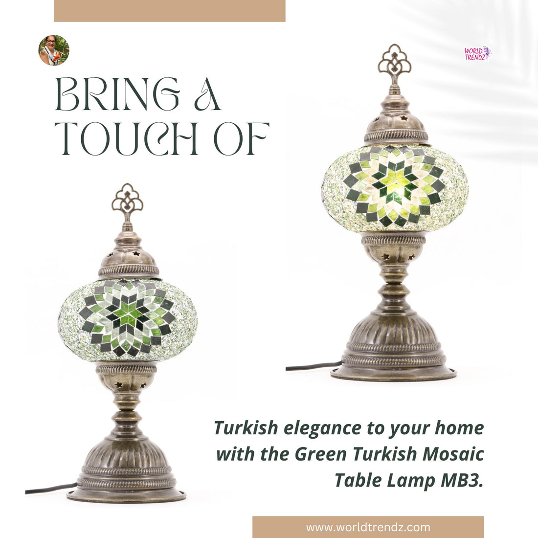 Illuminate Your Space with Elegance: WorldTrendz Green Turkish Mosaic Table Lamp MB3