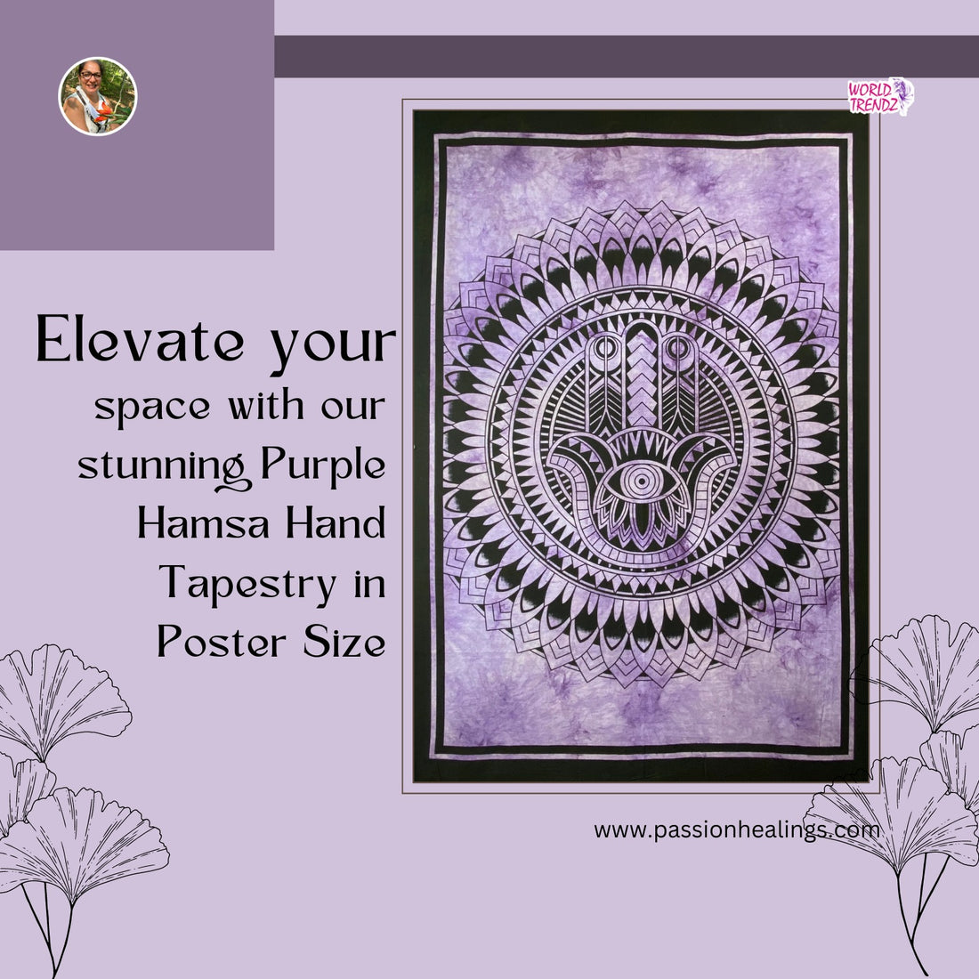Step into the world of enchantment with the Purple Hamsa Hand Tapestry-Poster Size