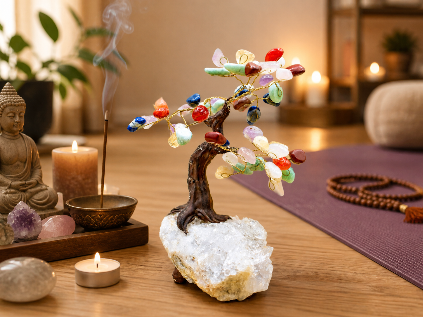 The chakra gemstone tree on a meditation altar alongside candles, incense, and a yoga mat in a शांत, softly lit room. 