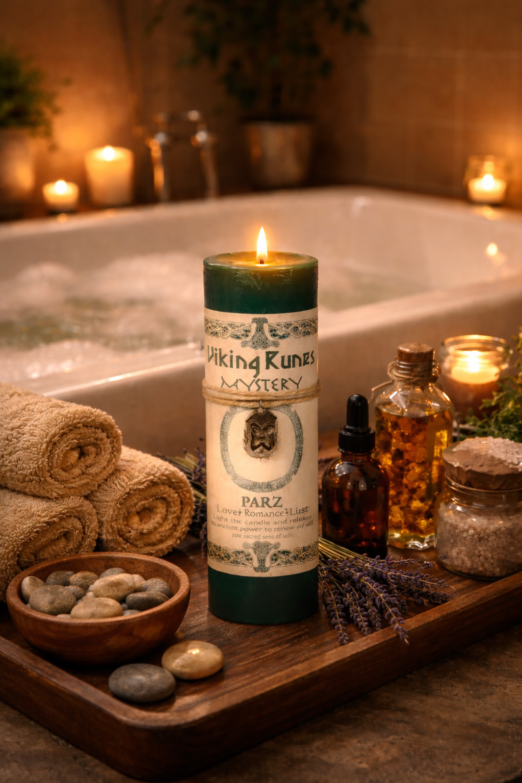 Viking Runes Mystery Parz Candle beside a warm bath setup with soft steam, natural stones, folded towels, herbal oils, and dim lighting.