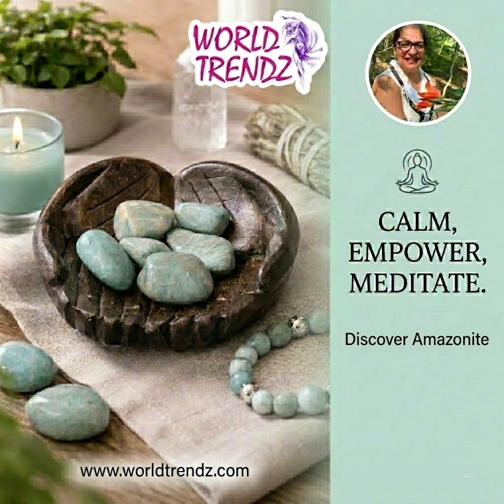 Amazonite stones in a wooden heart bowl with a candle and plants, featuring World Trendz branding.
