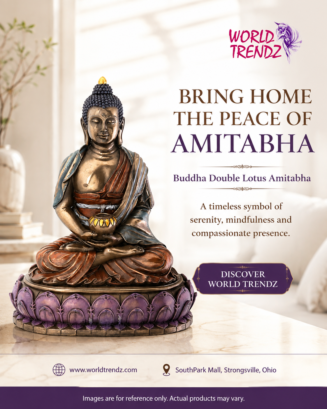 A Buddha Double Lotus Amitabha statue displayed on a lotus base in a softly lit interior setting, with promotional text and the World Trendz logo on the right side of the image.