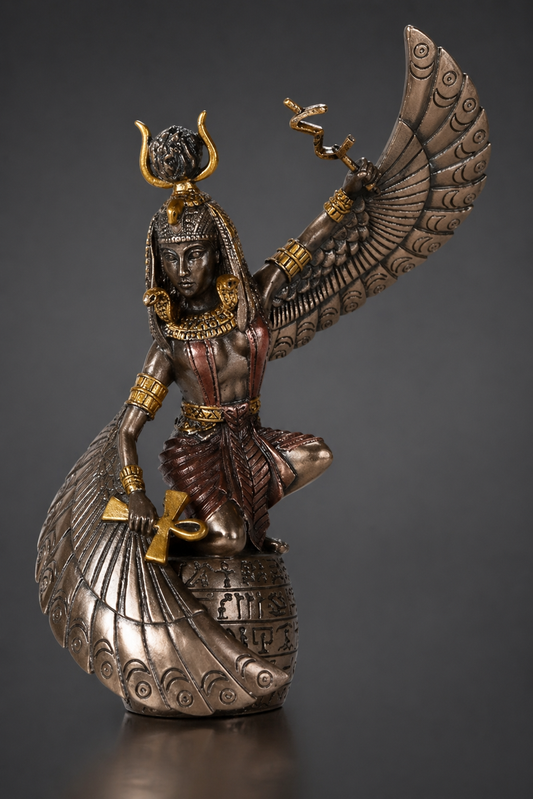 Statue of a winged Egyptian goddess  Mother Isis on a dark gray background