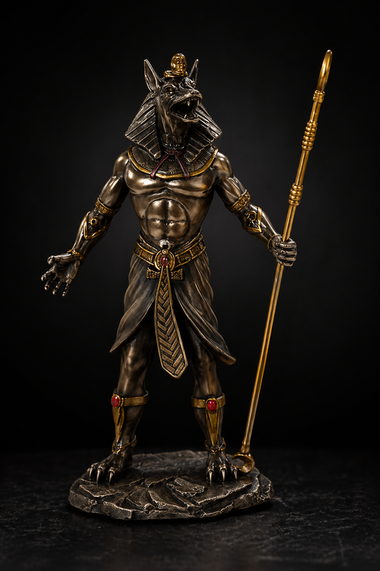 Statue of a mythological figure Anubis with a rod on a black background