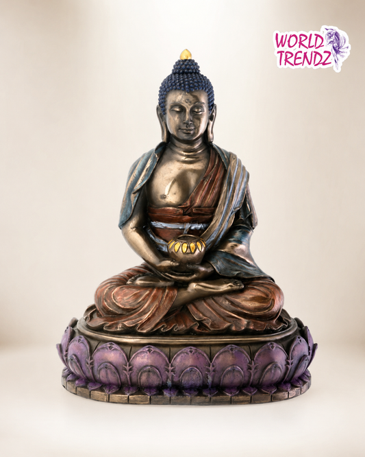 A seated Buddha Double Lotus Amitabha statue with a metallic bronze finish, blue draped robes, and a purple lotus base, photographed against a plain light beige background. A 'WORLD TRENDZ' logo appears in the top right corner.