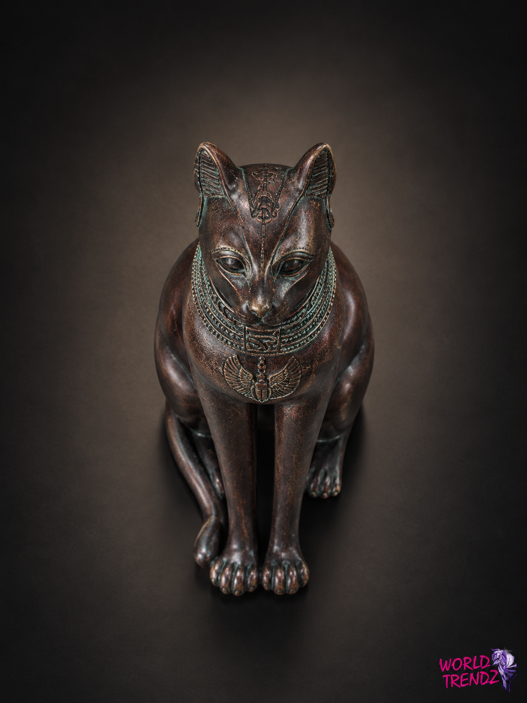 A dark bronze-finished Egyptian Small Bastet with intricate carved details and a decorative collar, shown against a dark gradient background. A 'World Trendz' logo is visible in the bottom right corner.