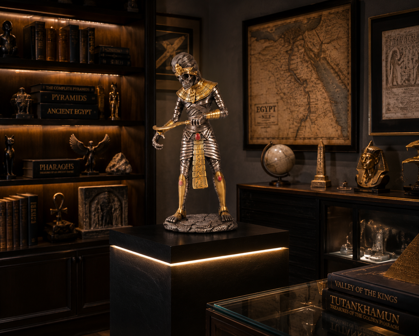 Statue of Egyptian Mummy in an Egyptian-themed room with books and maps.