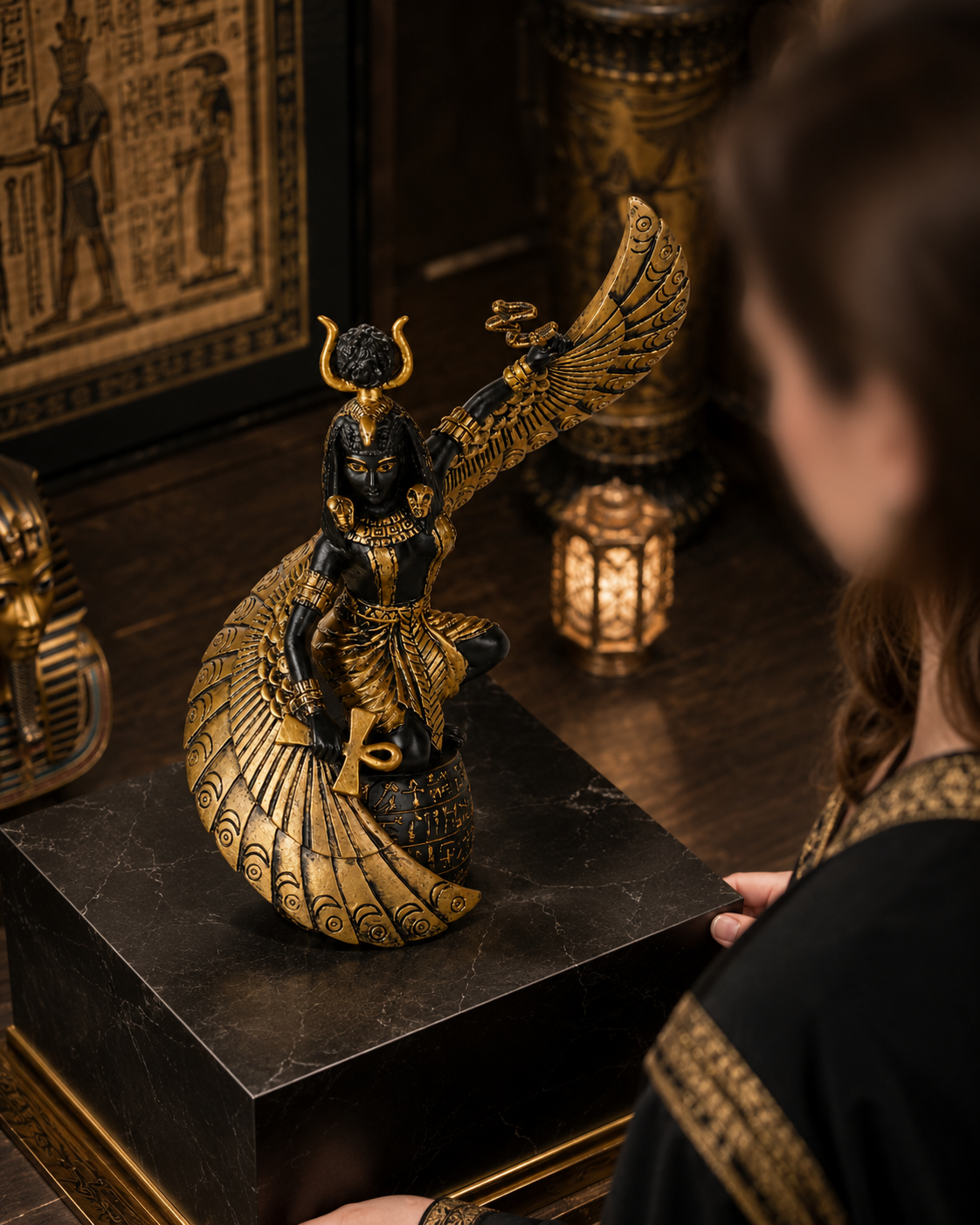 Decorative statue of Goddess of Fertility Isis, a winged figure on a dark surface with a person partially visible.
