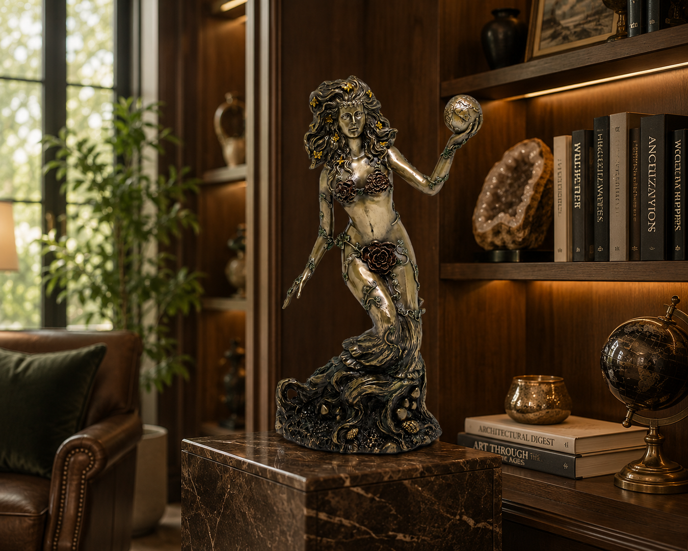 A metallic Goddess Gaia statue with a silver and bronze finish stands on a dark marble pedestal in a warm, dark wood study or library setting with bookshelves and a leather armchair visible in the background.