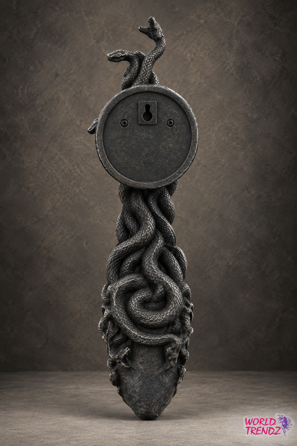 A gothic-style wall hook featuring a Medusa Head Wall Plaque, a circular metal plate with a keyhole cutout, topped with a coiled snake and hanging from a sculpted snake body, shown against a textured dark brown studio background.