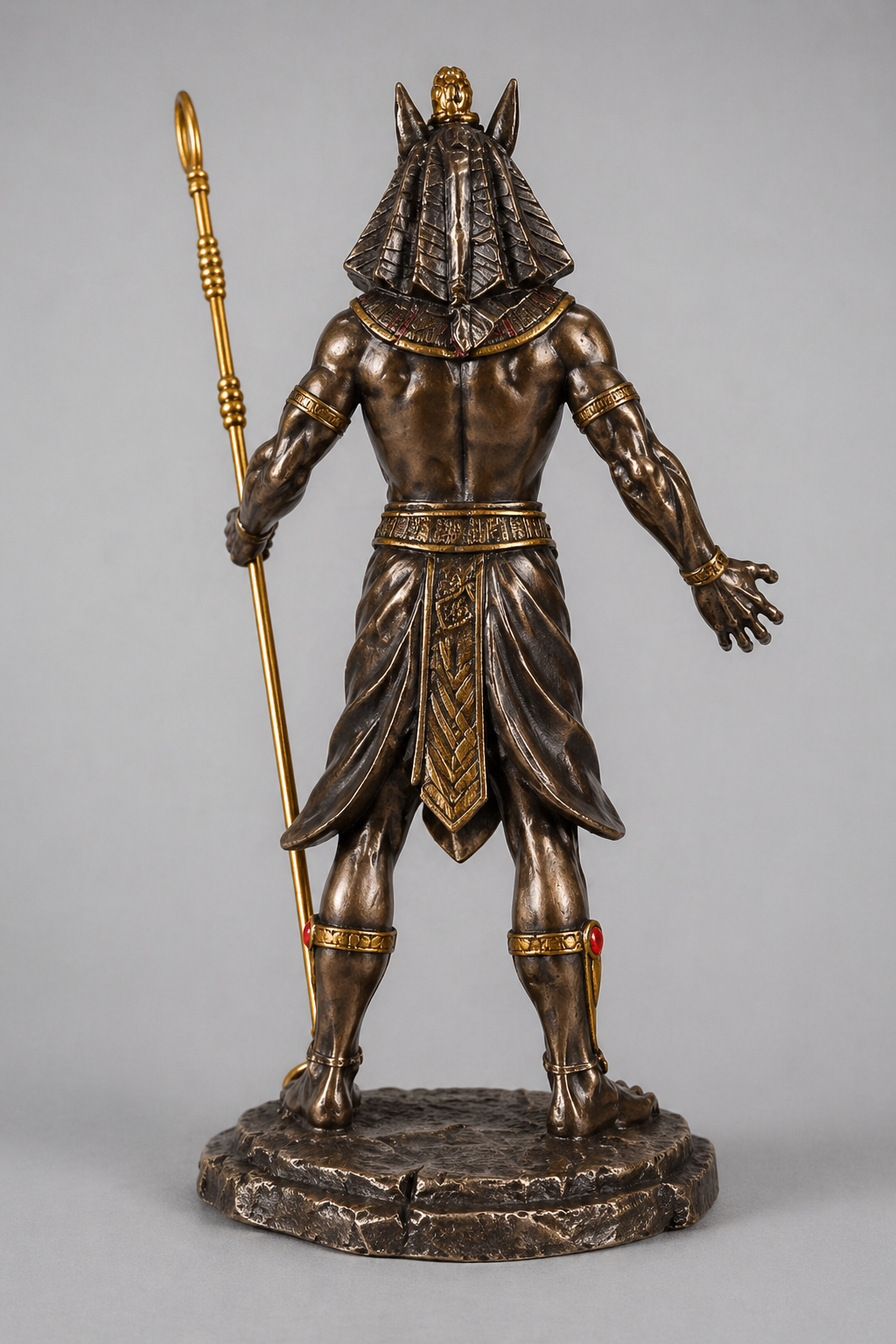 Bronze statue of Anubis with a rod on a gray background