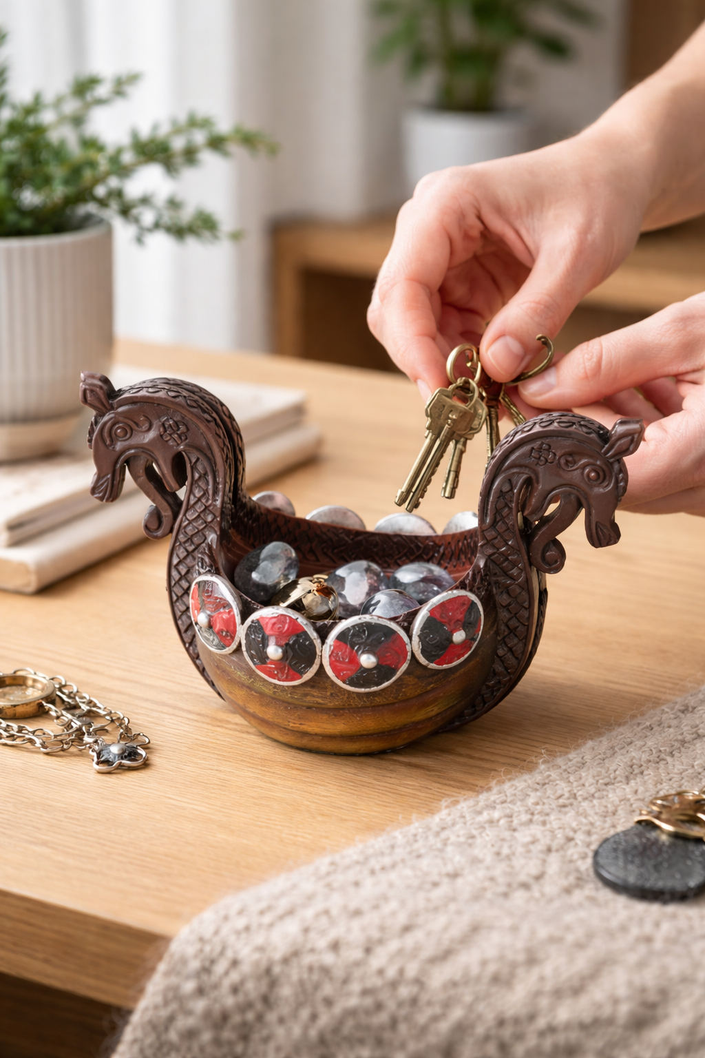 Decorative dragon-shaped key holder with keys on a wooden surface