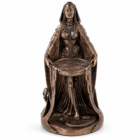Danu Bronze statue of a draped figure with a circular object on a white background