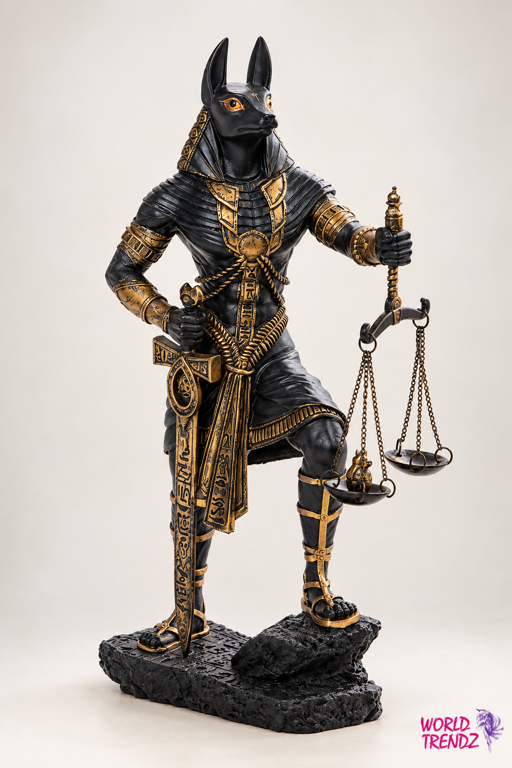An Egyptian Judgement of Anubis statue with a black fur body and gold accents, holding a balance scale on a textured black base against a light gray background.