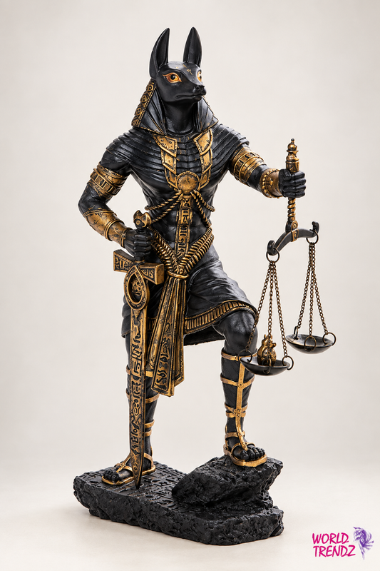 An Egyptian Judgement of Anubis statue with a black fur body and gold accents, holding a balance scale on a textured black base against a light gray background.