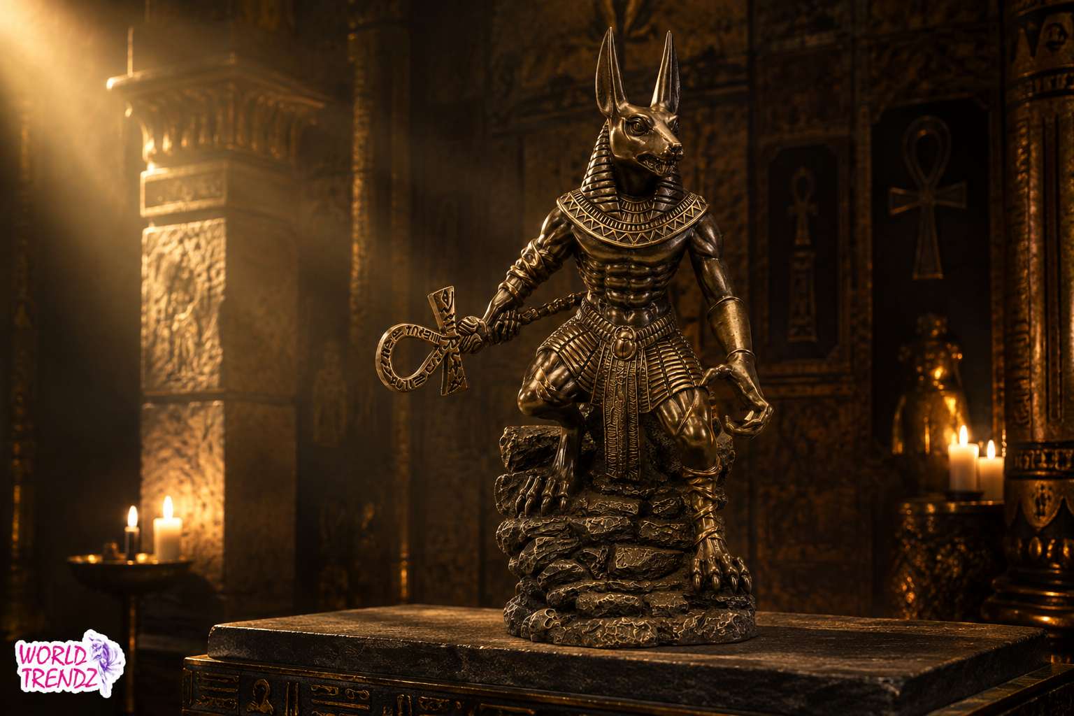 An ancient Egyptian Anubis statue in a bronze finish, standing on a rocky base and holding an ankh symbol, set against a dark, atmospheric temple background with candlelight.