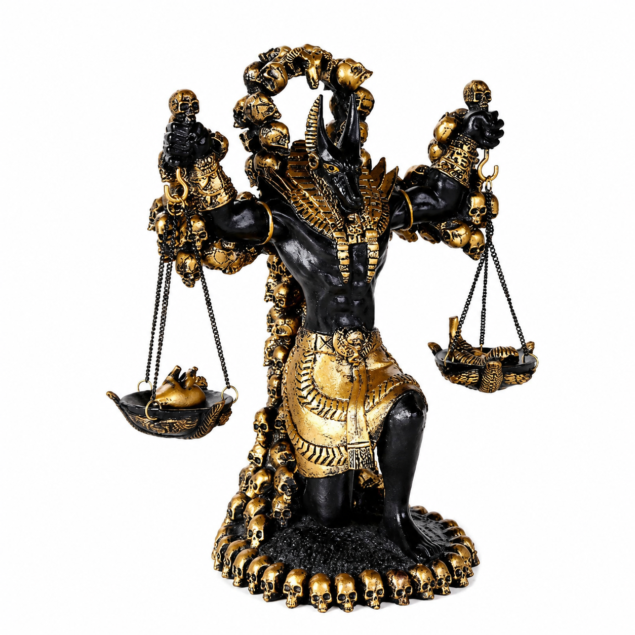 Statue of Anubis Guardian of Judgment Statue with scales and skull decorations on a white background