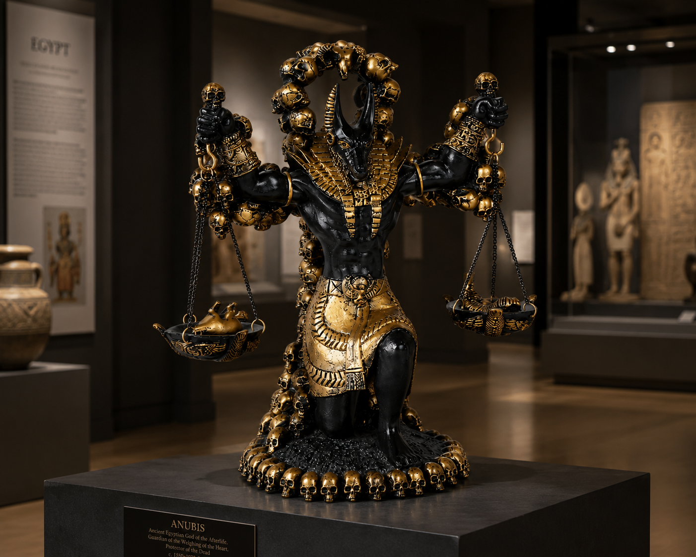 Statue of Anubis Guardian of Judgment in a museum setting with exhibits in the background