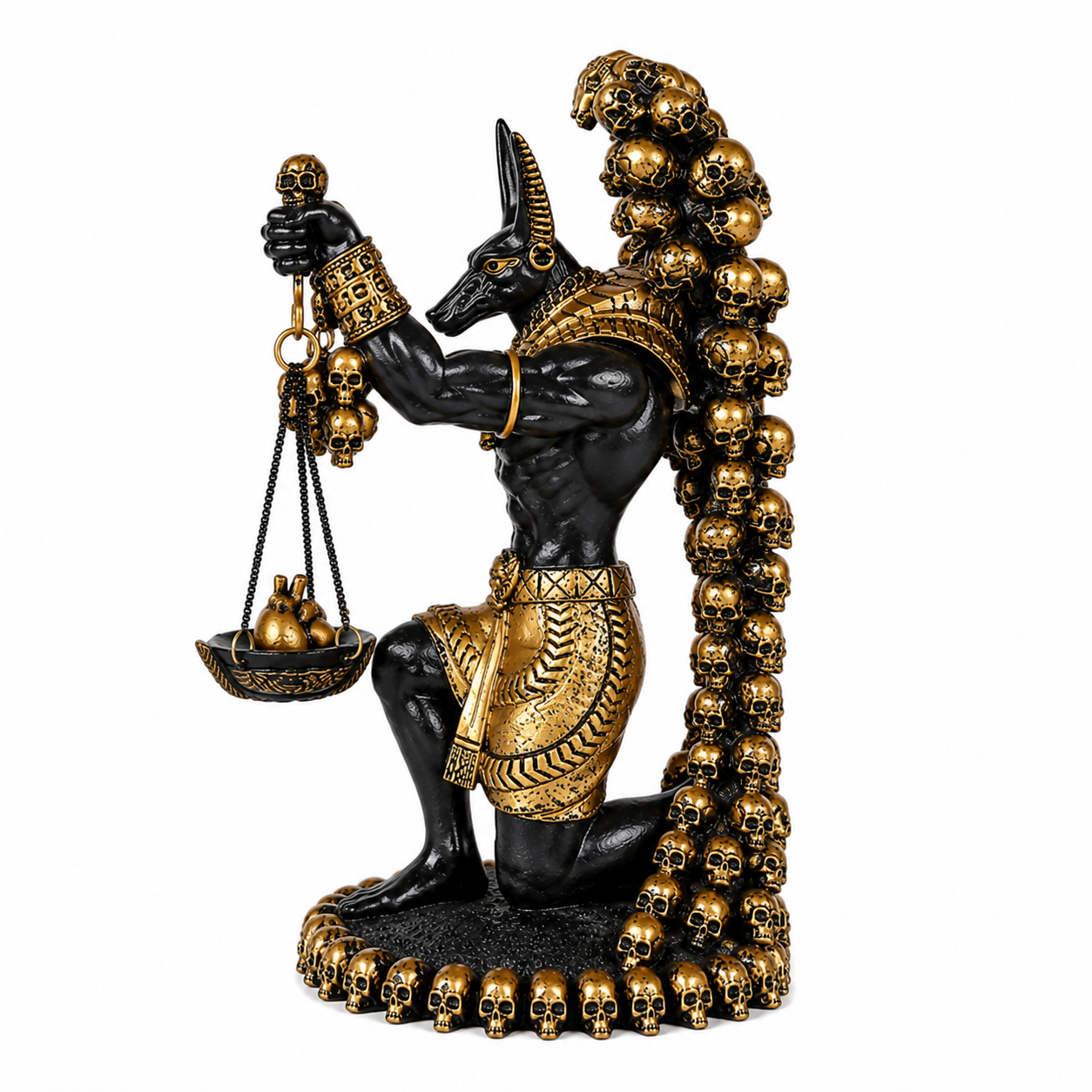 Statue of Anubis Guardian of Judgment Statue with black and gold coloring, holding scales and skulls on a white background