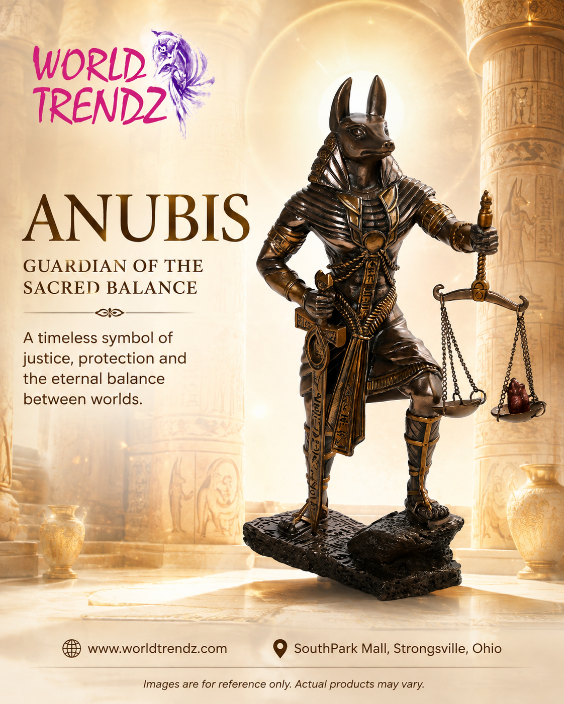 A bronze-finished statue of Anubis, the Egyptian god and guardian of the sacred balance, standing on a dark base in front of a glowing, classical Egyptian temple background. The image is a promotional graphic with 'WORLD TRENDZ' branding and descriptive text.