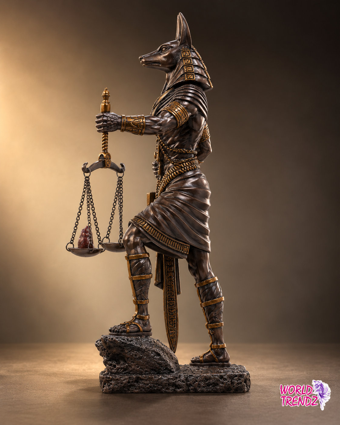 A detailed statue of Anubis, the Egyptian god of justice, depicted as a canine-headed warrior in bronze armor holding a scale of justice on a dark textured base. The background is a warm, gradient studio backdrop.