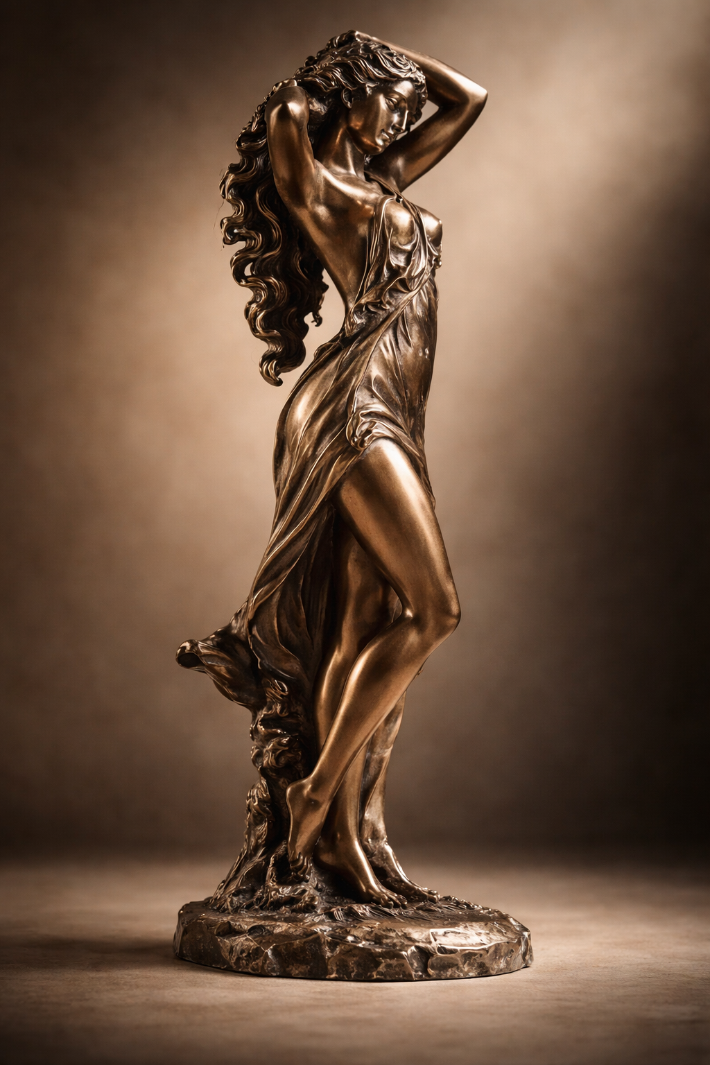 Bronze statue of Aphrodite against a brown background