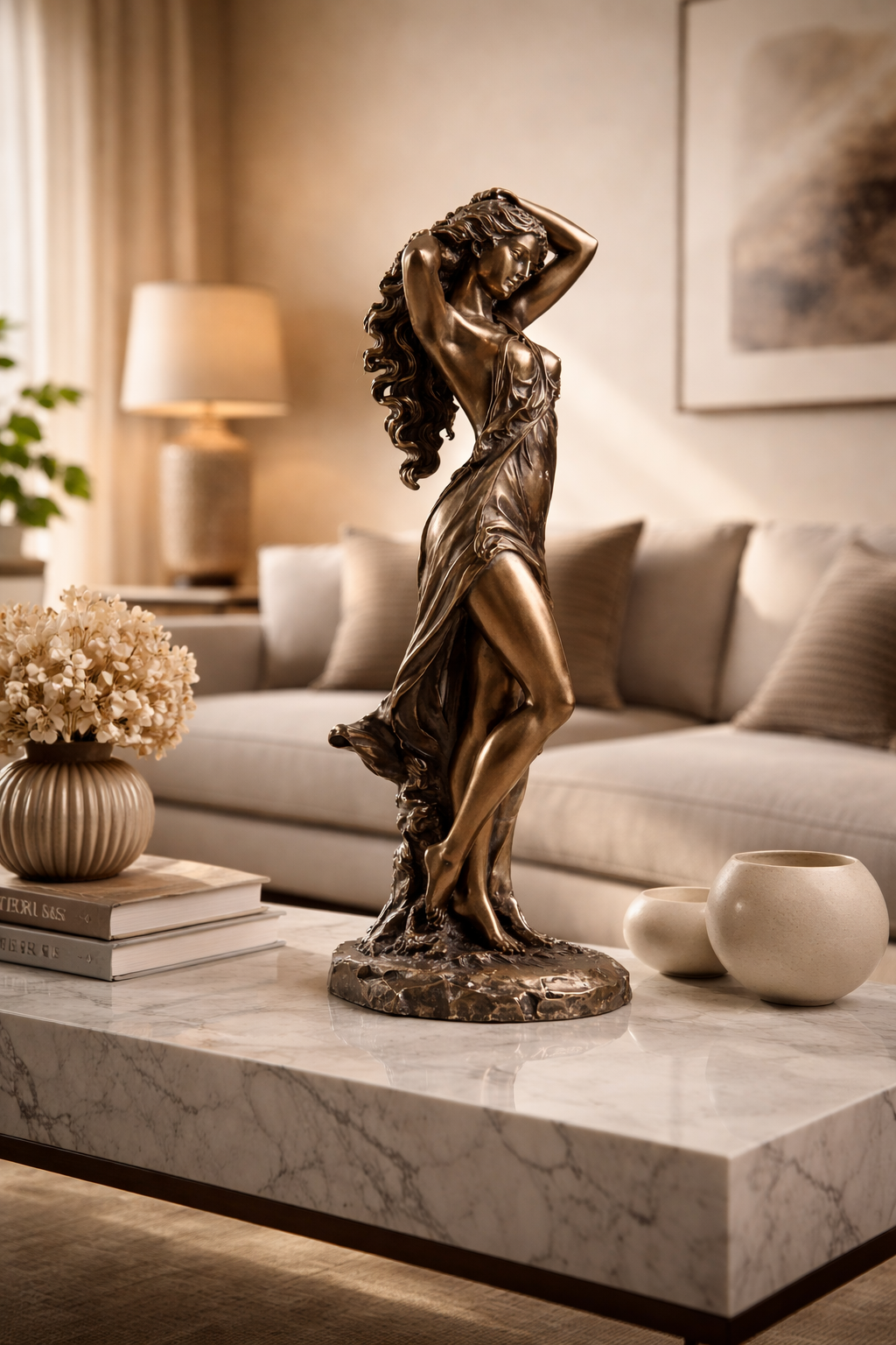 Bronze statue of Aphrodite on a marble surface in a living room setting
