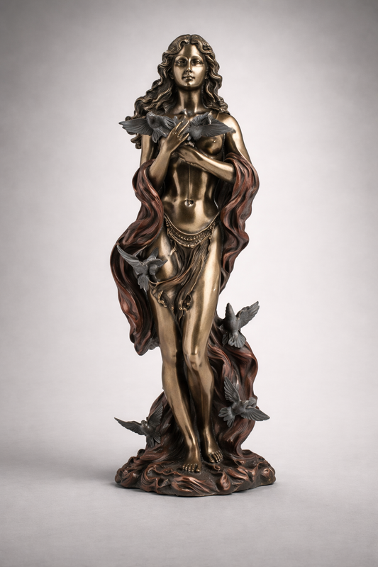 Bronze statue of Aphrodite with doves on a gray background