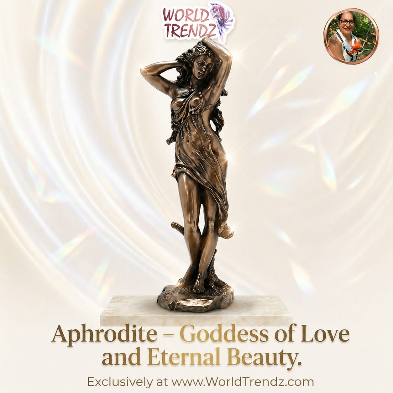 Bronze statue of Aphrodite, Goddess of Love and Eternal Beauty, on a white background with 'World Trendz' branding.