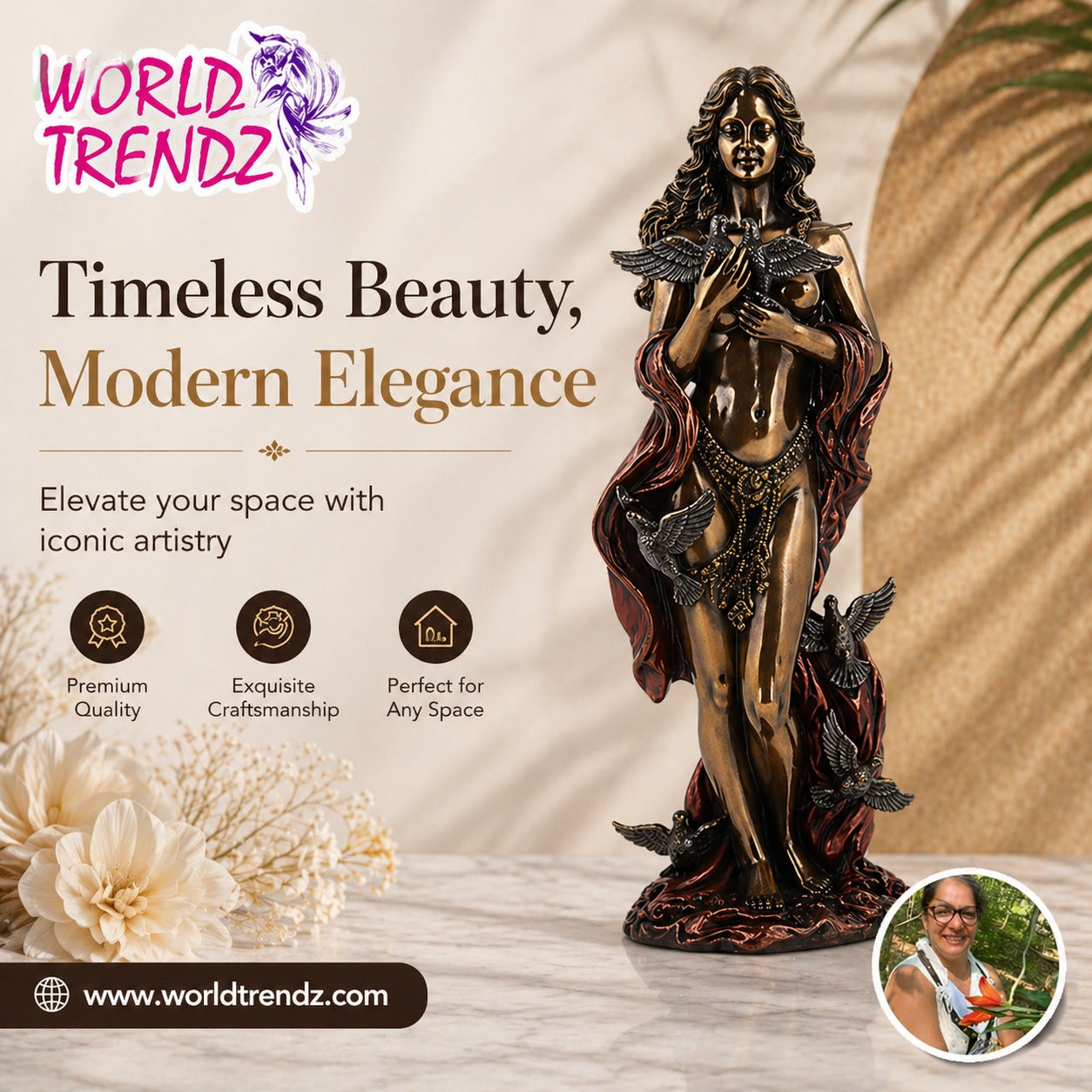 Decorative statue of Aphrodite with 'World Trendz' branding, emphasizing timelessness and elegance.