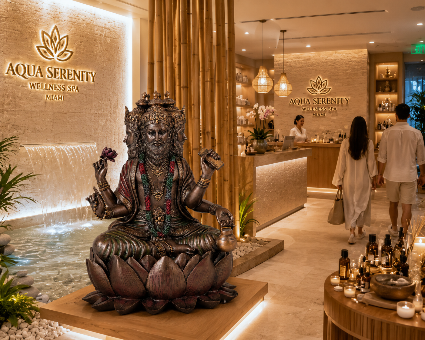 Brahma Statue in a spa setting with 'Aqua Serenity' branding