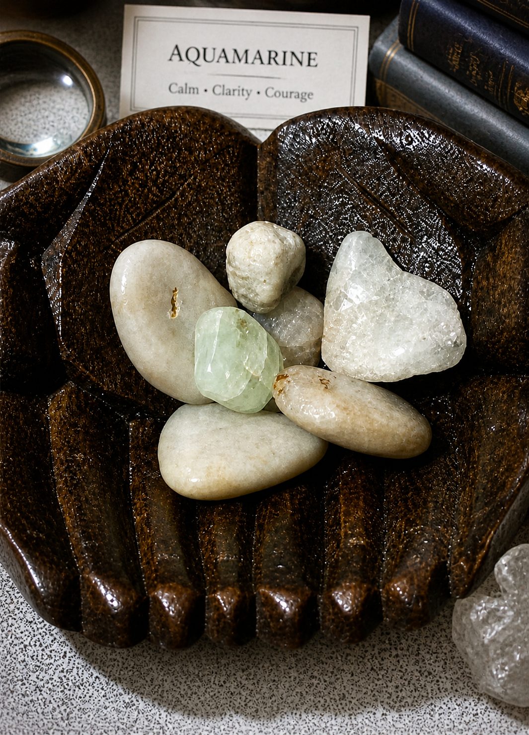 A collector-style presentation of aquamarine stones grouped in a carved wooden tray. Focus on clarity and detail to emphasize the uniqueness of each stone, suggesting use in a mineral or crystal collection. Maintain original layout and natural imperfections.