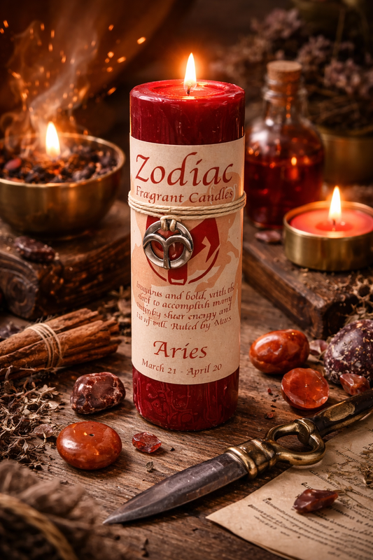 Zodiac Aries candle with decorative items on a wooden surface