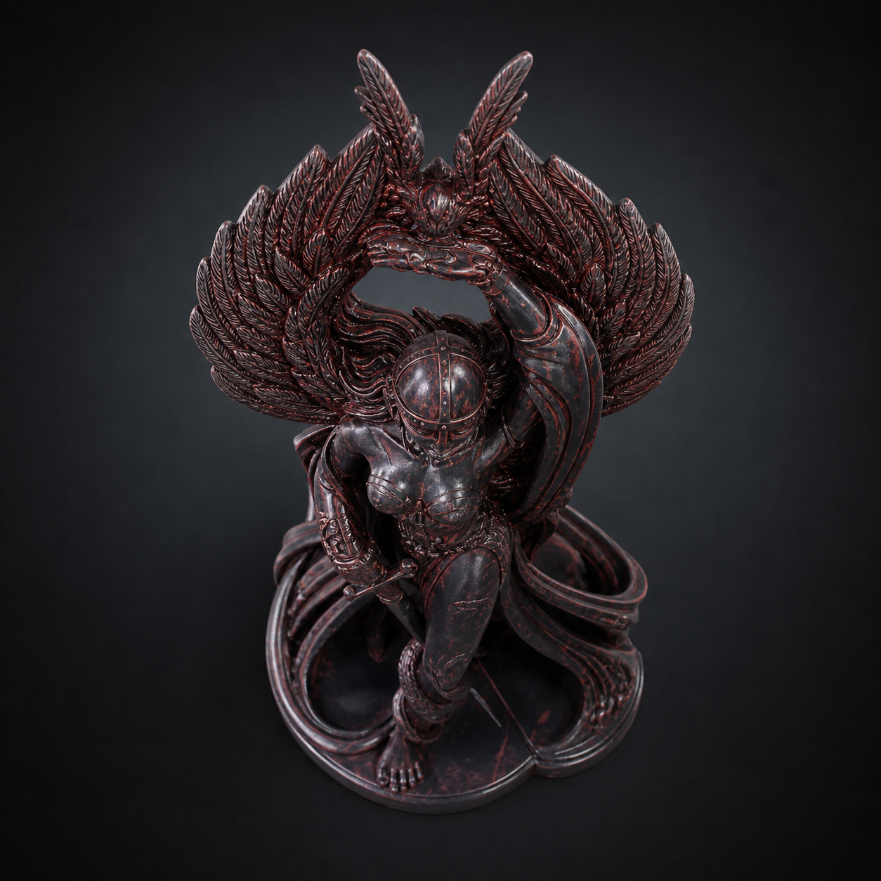 Top-down view of a Morrigan goddess sculpture, emphasizing symmetry and sculptural flow, studio lighting, clean background, artistic product photography, high detail finish