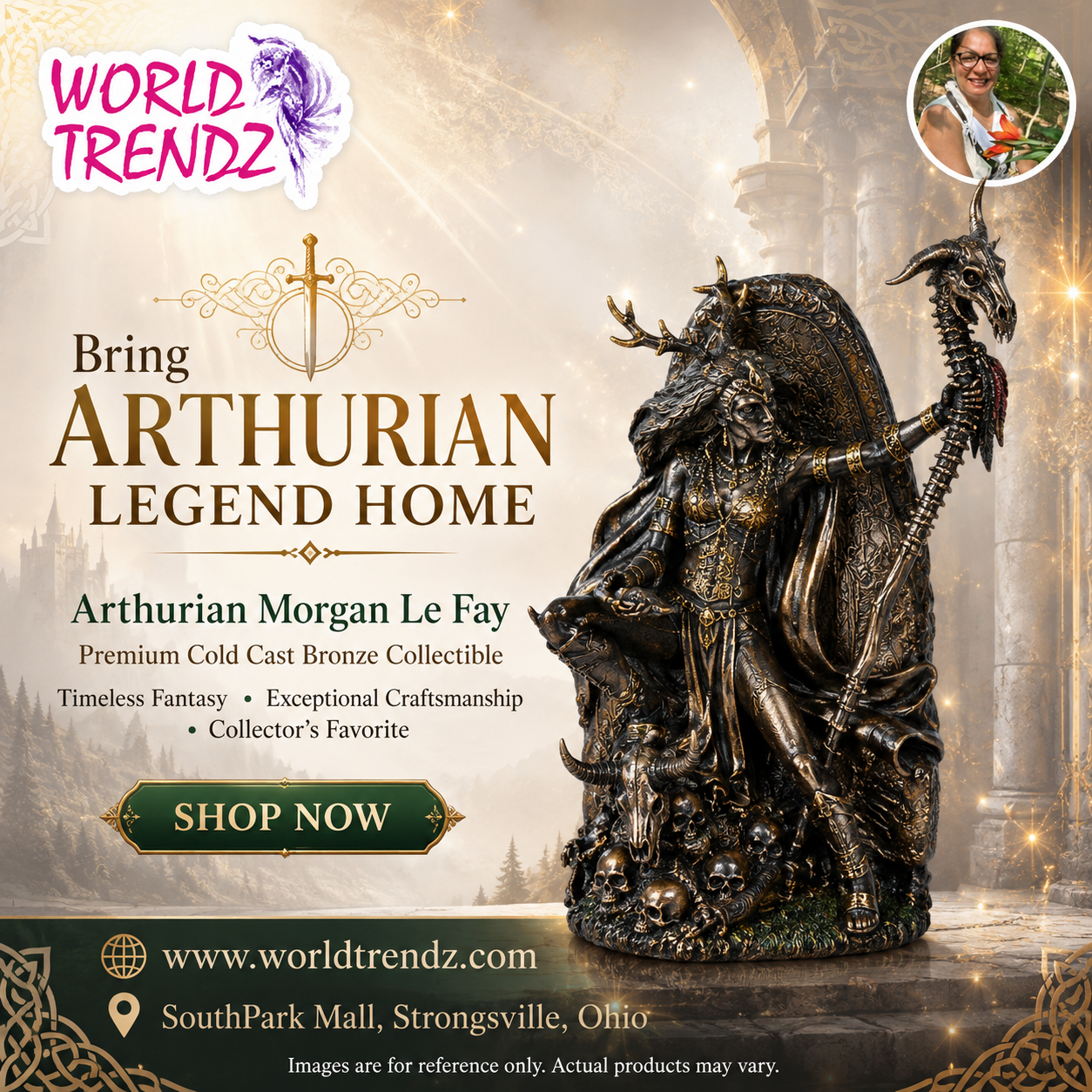 Advertisement for Arthurian Morgan Le Fay bronze collectible with World Trendz branding.