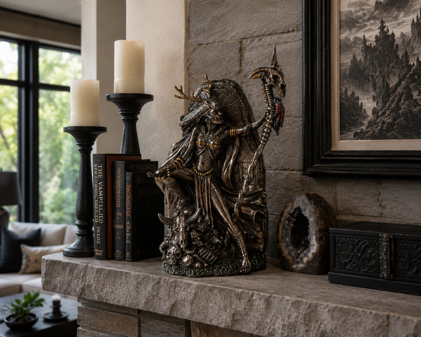 Arthurian Morgan Le Fay on a stone fireplace mantle with candles and books.