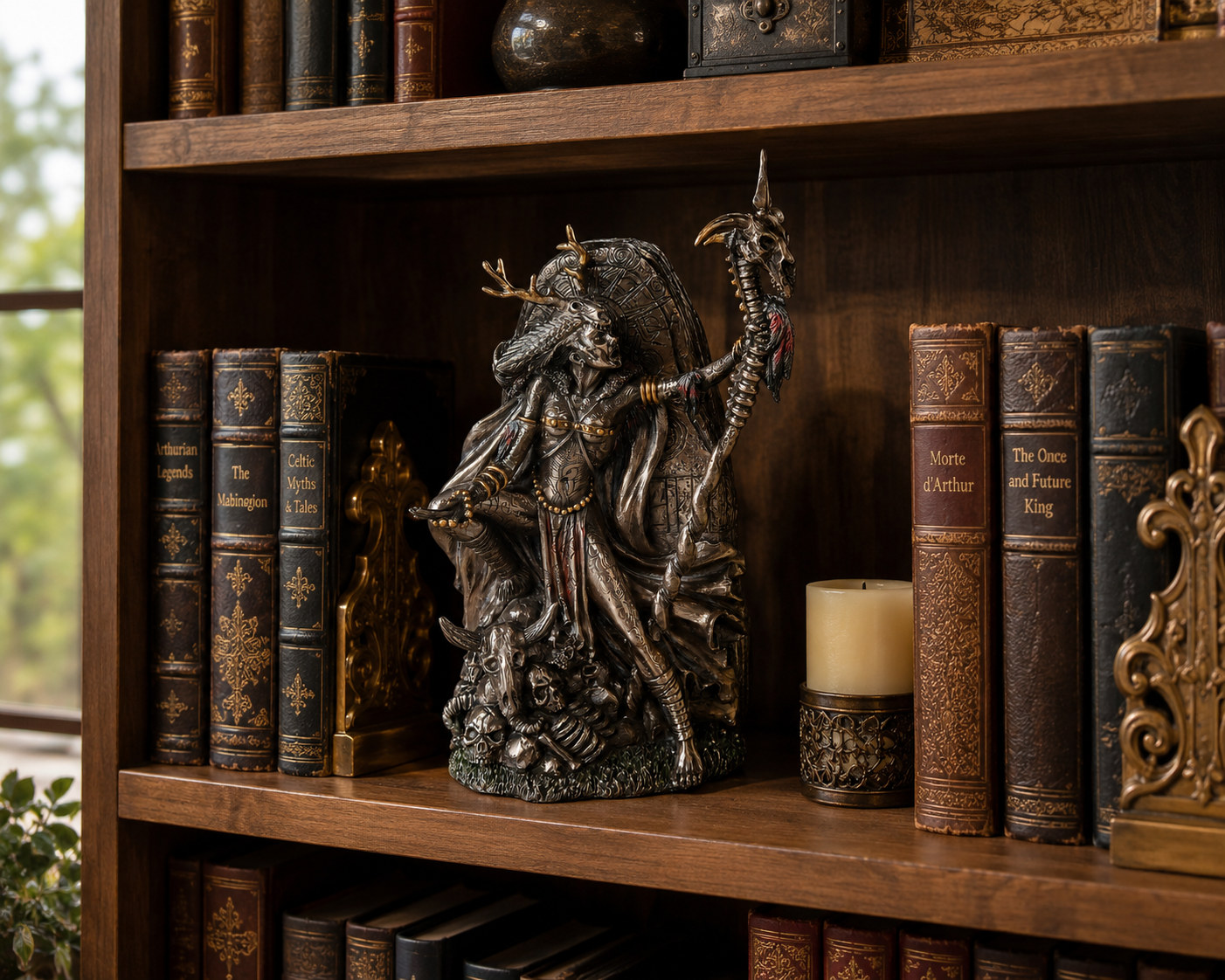 Arthurian Morgan Le Fay on a wooden shelf with books and a candle.