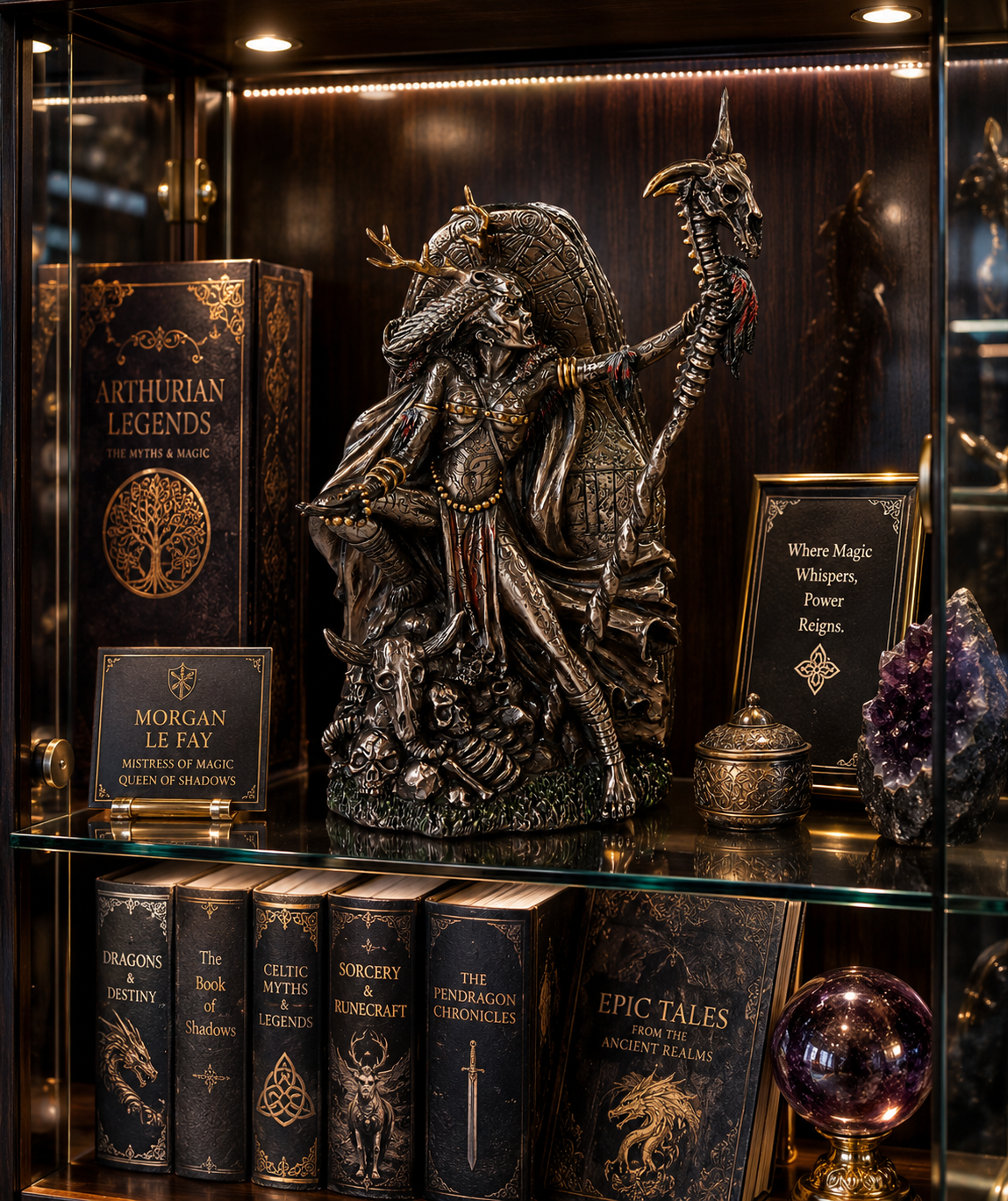Arthurian Morgan Le Fay on a shelf with books and decorative items.