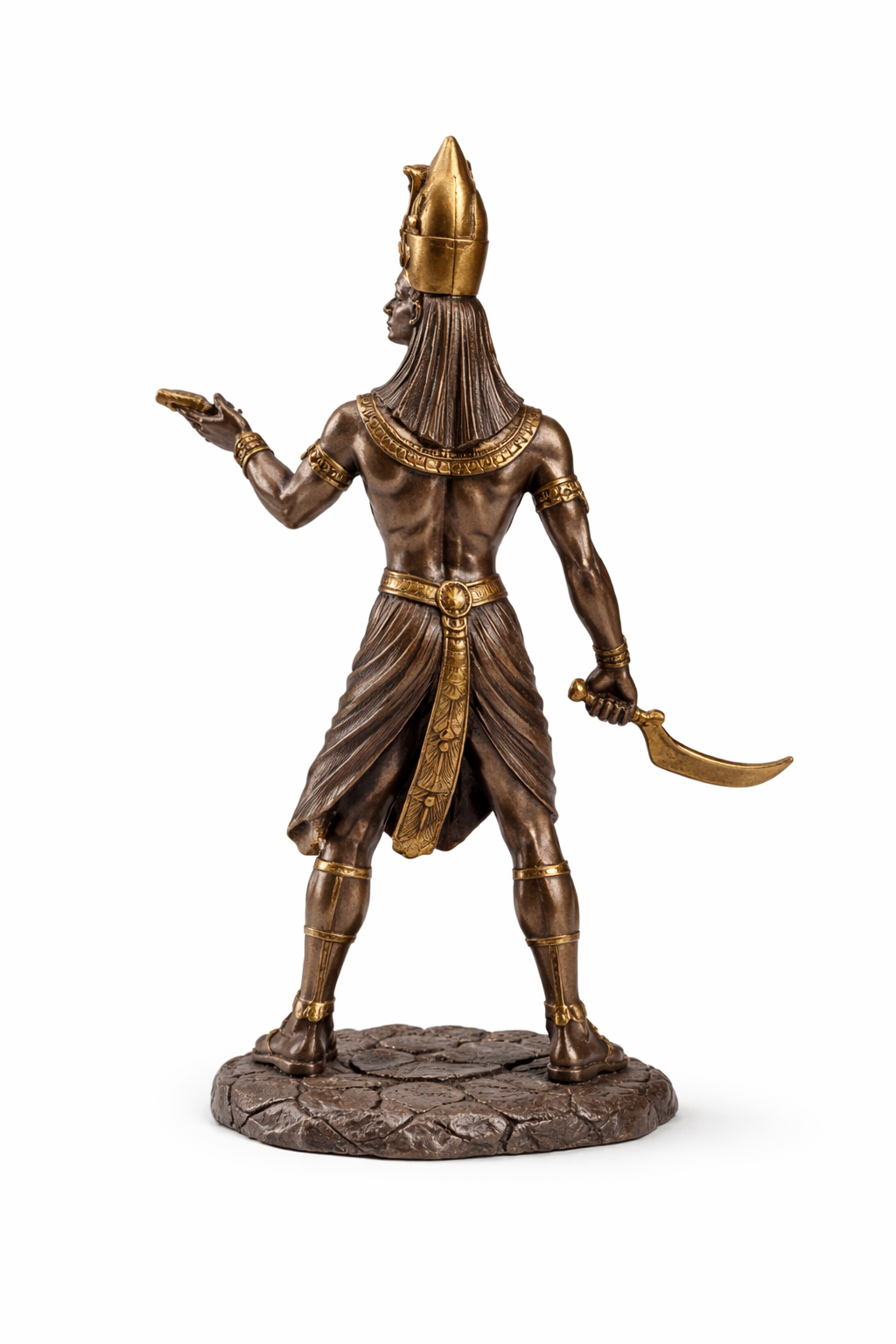 Bronze statue of Horus with armor and a weapon on a white background