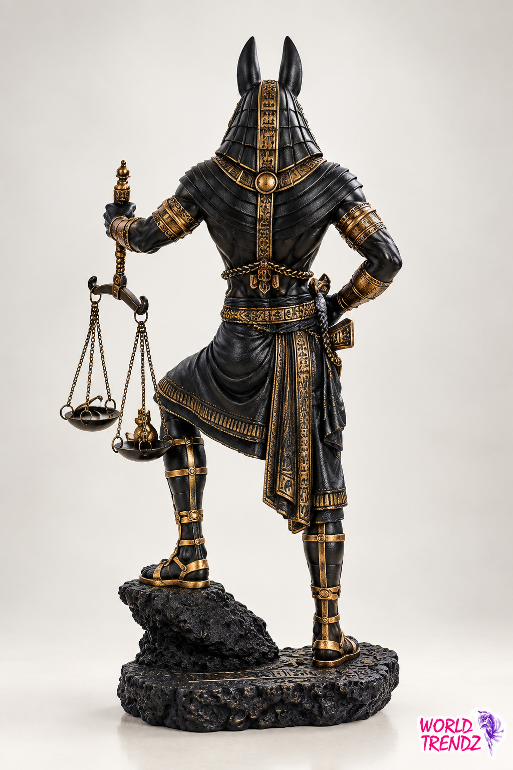 A detailed collectible statue of the Egyptian deity Judgement of Anubis, depicted from the back, wearing black and gold armor and holding a golden scale of justice on a dark textured base. The image is shot against a clean, light gray studio background with a 'WORLD TRENDZ' watermark in the bottom right corner.