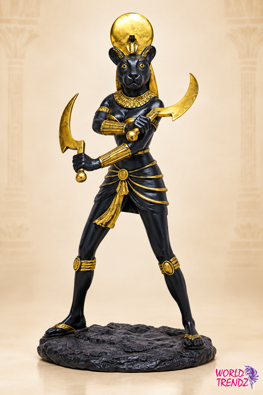 An Egyptian goddess statue of Sekhmet depicted as a black panther with gold accents, holding her scimiters, standing on a dark textured base against a beige background.