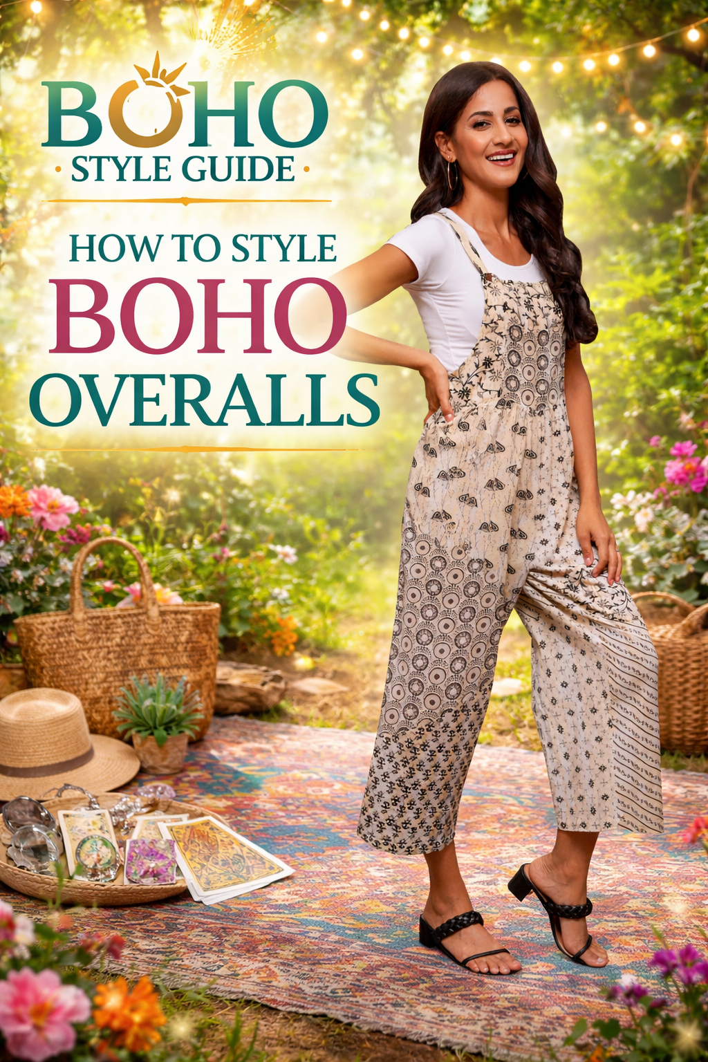Woman wearing boho-style overalls in a garden setting with text 'Boho Style Guide: How to Style Boho Overalls'.