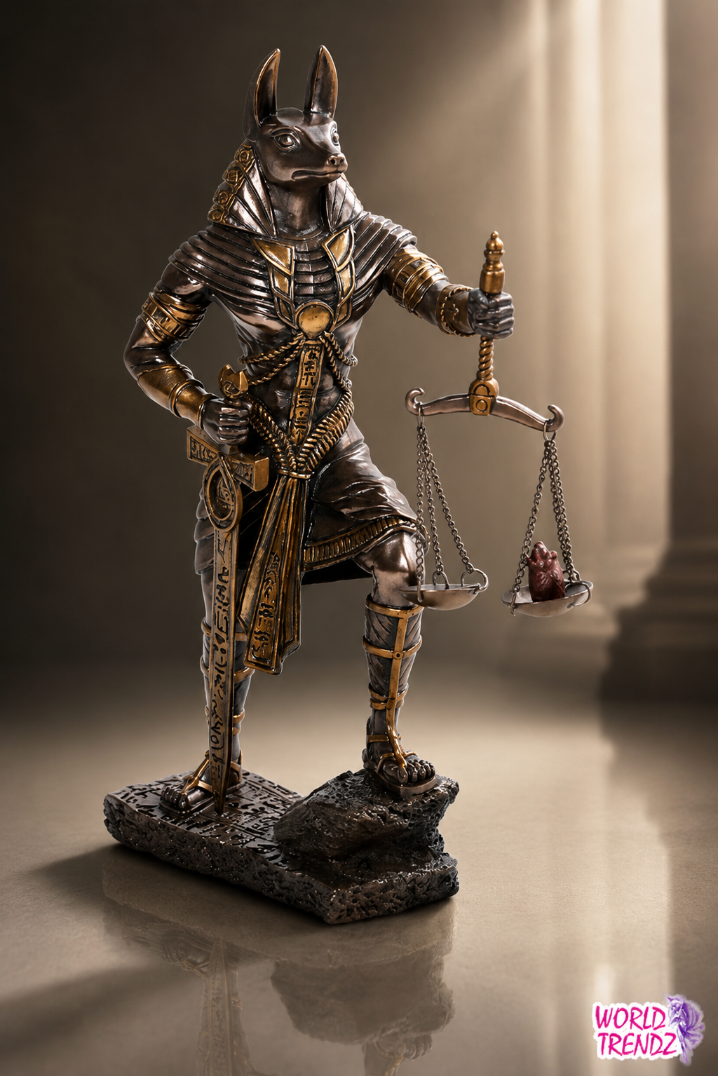 An Egyptian Anubis statue representing the god of justice, depicted in detailed bronze and gold armor holding a scale of justice on a dark textured base. The statue is photographed in a dramatic studio setting with a warm spotlight on the right and a dark background.