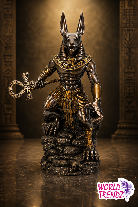 An Egyptian Anubis statue with a black and gold metallic finish, holding an ankh symbol, standing on a rocky base against a dark temple background.
