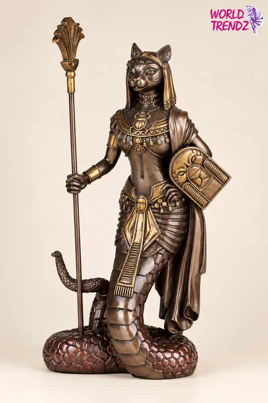 A bronze-finished statue of Egyptian Bastet (Bronze) standing on a coiled snake, holding a staff and shield, photographed against a plain beige studio background. A 'WORLD TRENDZ' logo appears in the top right corner.
