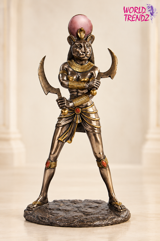 An Egyptian-themed metal statue of Sekhmet Statue standing on a textured base, holding curved weapons, with a pink orb on its head, photographed against a soft beige background. A 'WORLD TRENDZ' logo is visible in the top right corner.