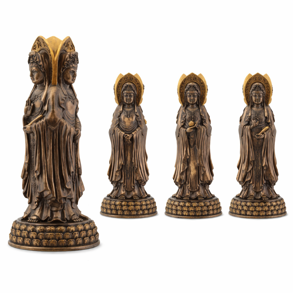 3 Faced Kuanyin statues on a white background