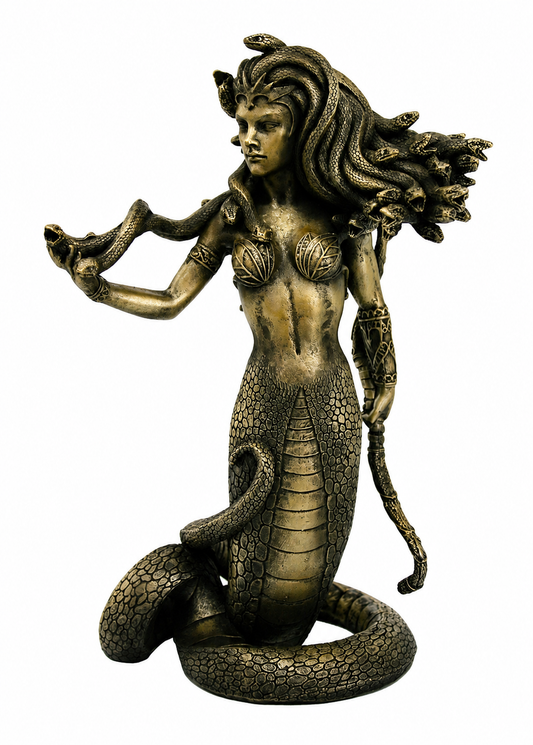 A bronze-toned Medusa statue preserving every original detail, composition, pose, expression, texture, and artistic element.
