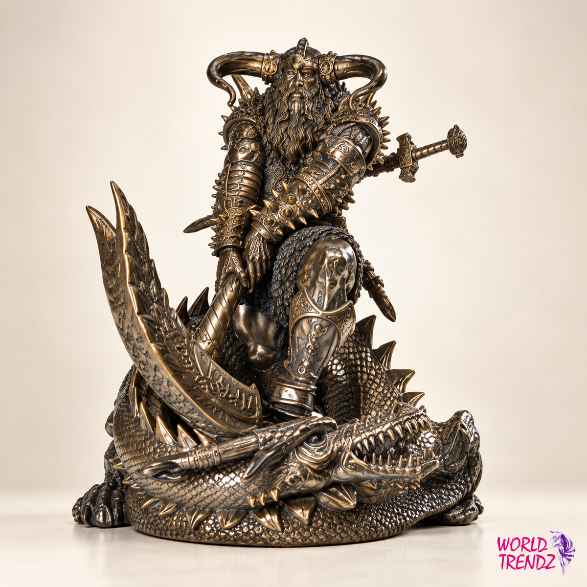 A detailed bronze-finished statue of Thor, a horned warrior riding a dragon, set against a plain beige background with a 'World Trendz' logo in the bottom right corner.